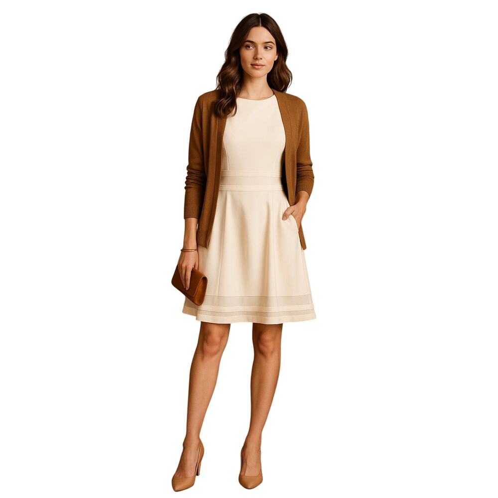 Calvin Klein Sleeveless Fit & Flare Dress 6P Ivory Sheer Hem Detail
